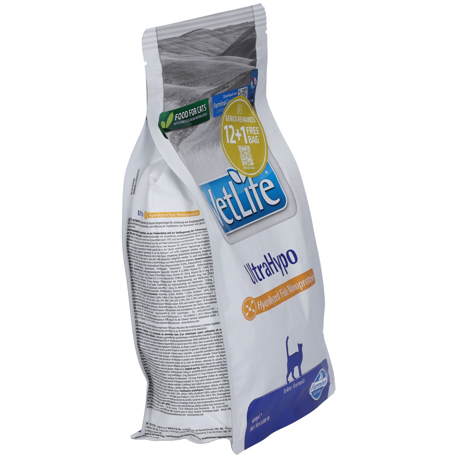 Sacchetto di cibo secco in diagonale. Scritta VetLife UltraHypo, monoproteina di pesce idrolizzata. 12+1 gratis. Logo Farmina. Testo sul retro.
