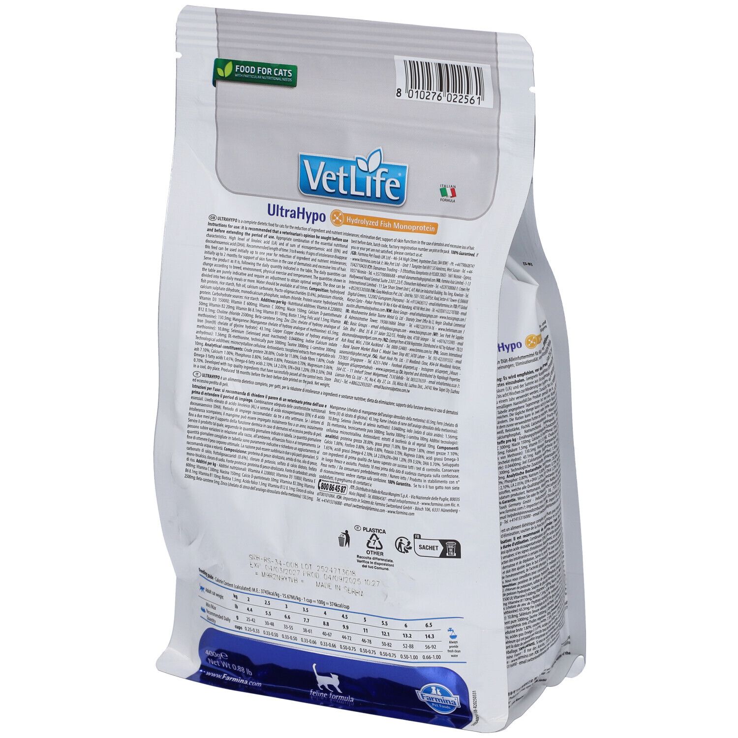 Retro del sacchetto di cibo secco. Testo, ingredienti, raccomandazioni per l'alimentazione. Scritta VetLife UltraHypo. Logo Farmina. Codice a barre.