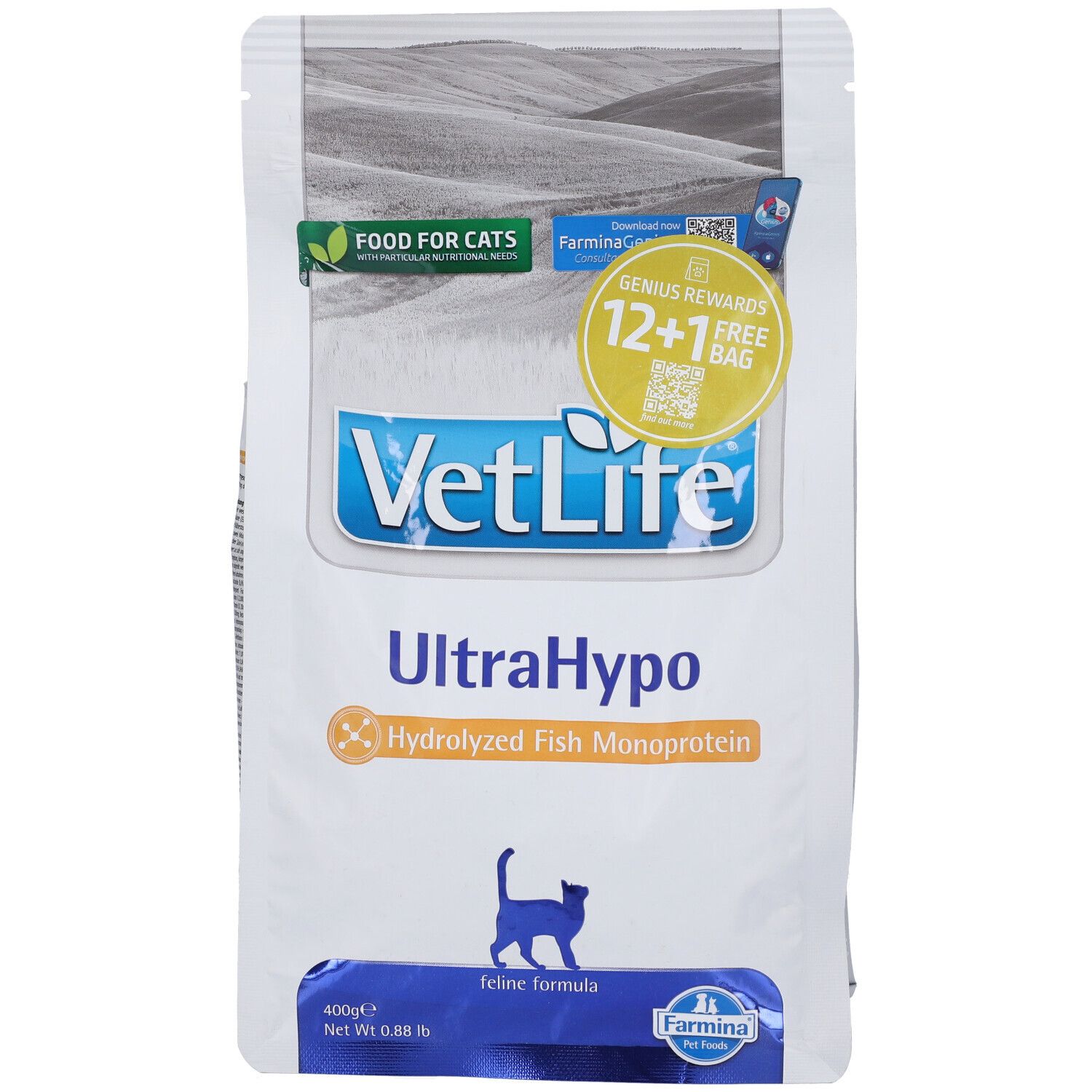 Sacchetto di cibo secco per gatti. Scritta VetLife UltraHypo, monoproteina di pesce idrolizzata. 12+1 gratis. Logo Farmina.