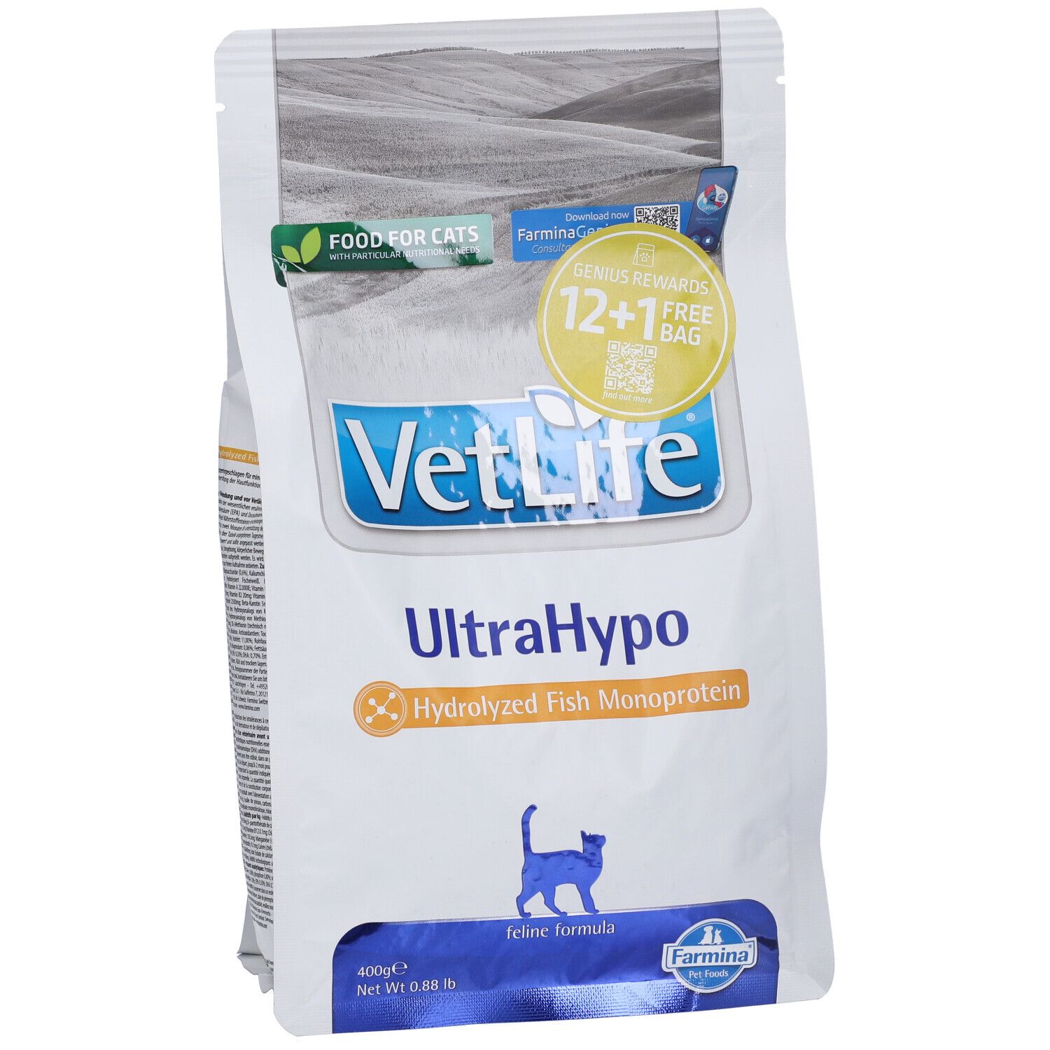 Sacchetto di cibo secco per gatti. Scritta VetLife UltraHypo, monoproteina di pesce idrolizzata. Logo Farmina. 400g.