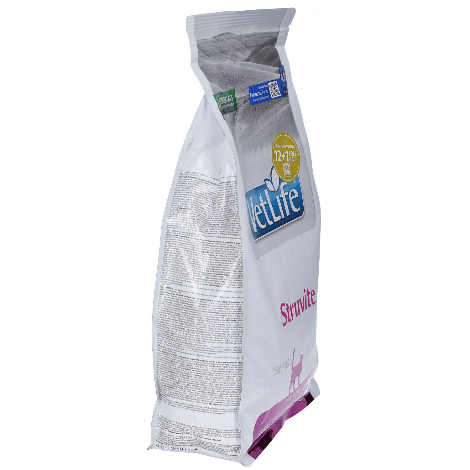 Vista laterale del sacchetto bianco "VetLife Struvite" per gatti. Testo e loghi parzialmente visibili. Scritta "Food for cats" e "12+1 sacco gratis".