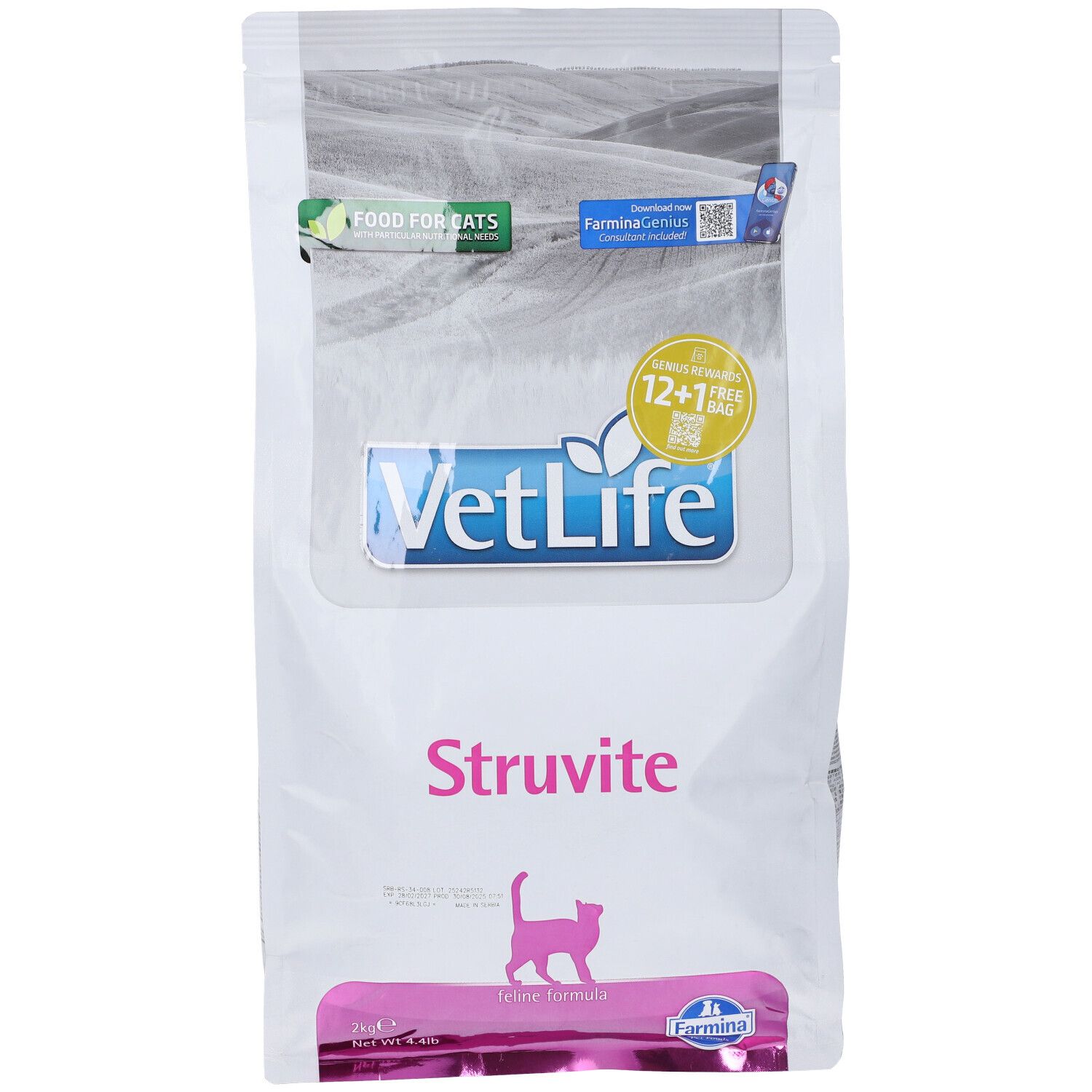 Sacchetto bianco "VetLife Struvite" per gatti. Logo, nome del prodotto e sagoma di gatto. Scritta "Food for cats" e "12+1 sacco gratis".
