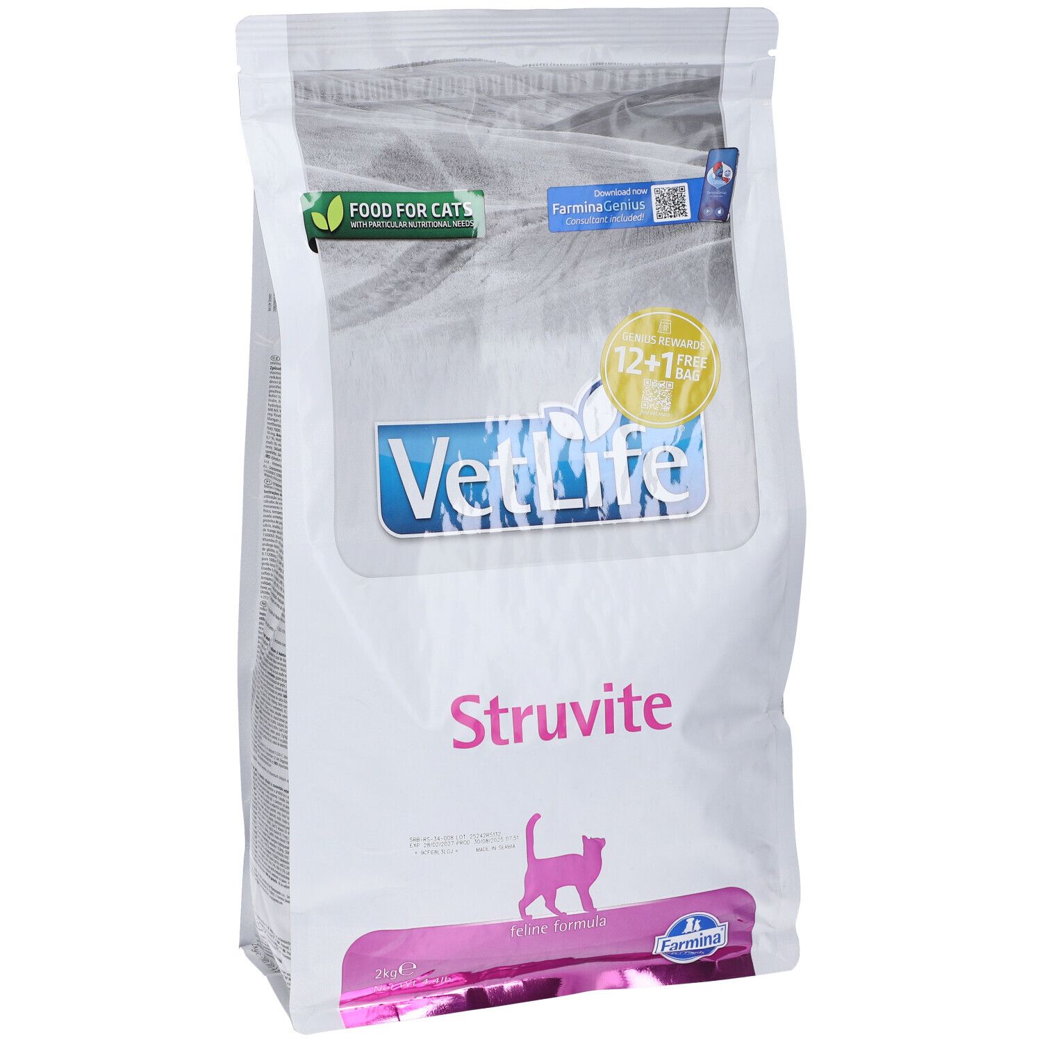 Sacchetto bianco "VetLife Struvite" per gatti. Logo, nome del prodotto e sagoma di gatto. Scritta "Food for cats" e "12+1 sacco gratis".