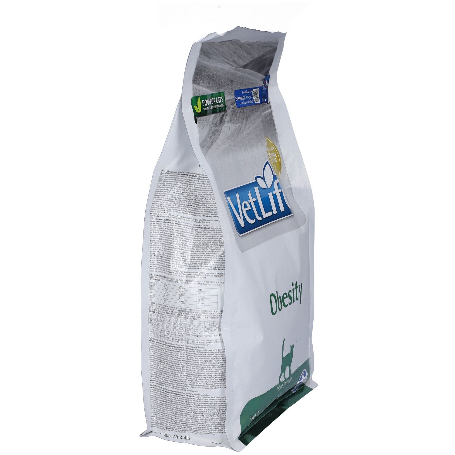 Sacchetto bianco, vista laterale. Logo VetLife e scritta "Obesity". Testo sul retro. Adesivo "Food for Cats".