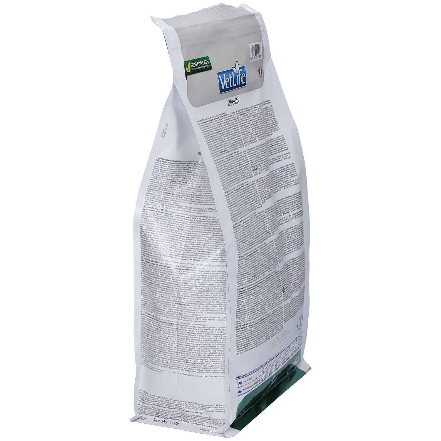 Sacchetto bianco, vista obliqua. Logo VetLife e scritta "Obesity". Testo sul retro. Adesivo "Food for Cats".