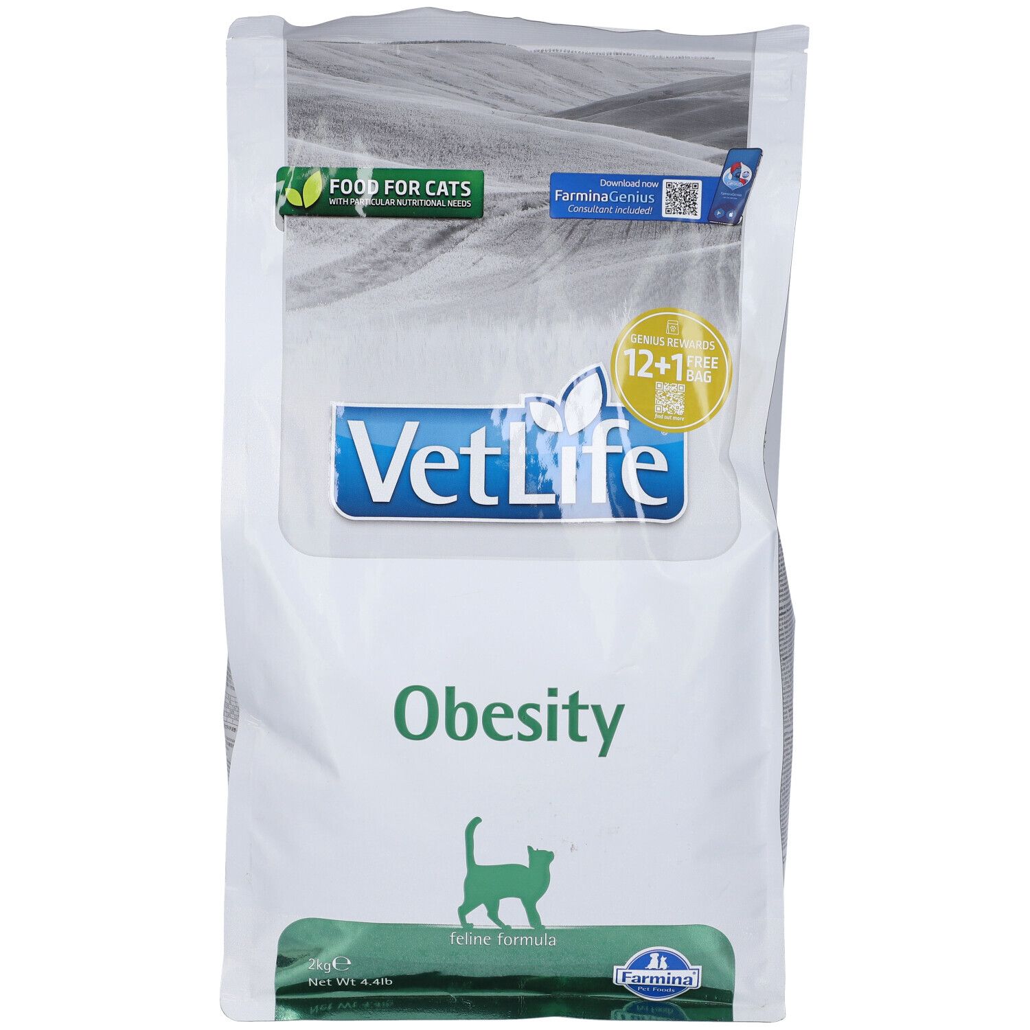 Sacchetto bianco stampato. Logo VetLife, scritta "Obesity" e sagoma di gatto. Adesivi "Food for Cats" e "12+1 gratis".