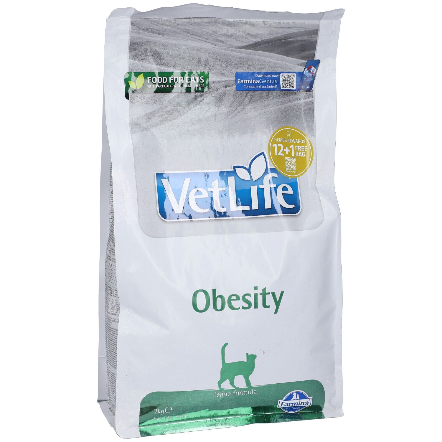 Sacchetto bianco stampato. Logo VetLife, scritta "Obesity" e sagoma di gatto. Adesivi "Food for Cats" e "12+1 gratis".
