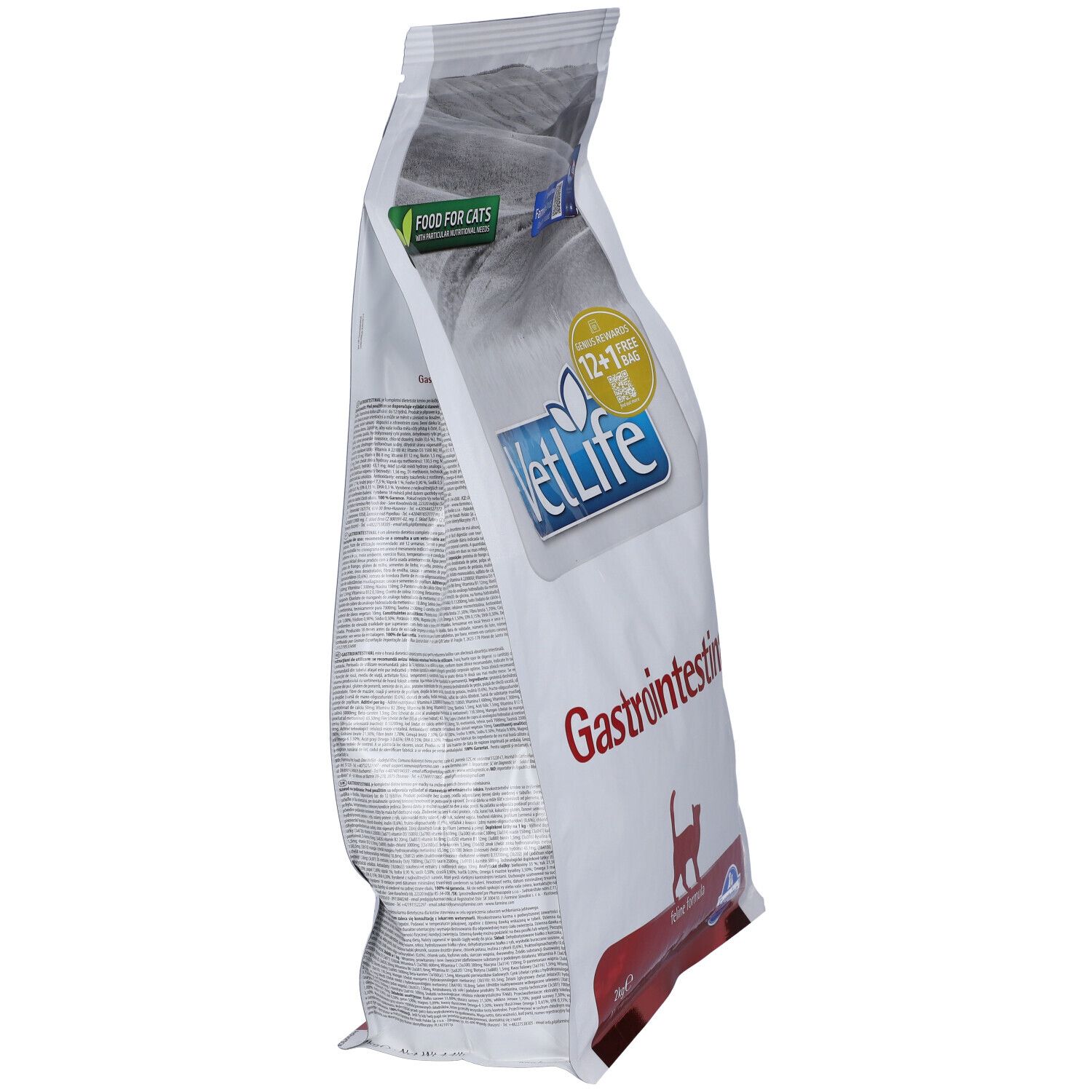 Vista laterale di un sacchetto bianco con scritta "VetLife Gastrointestinal". Contiene cibo secco per gatti.