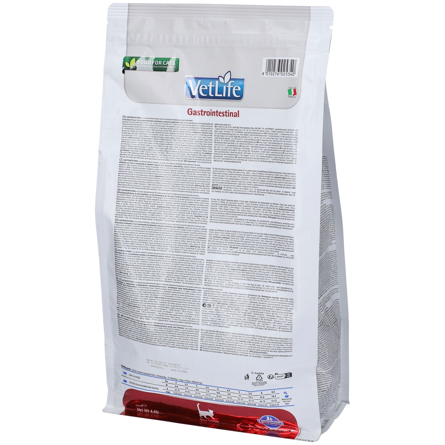 Retro di un sacchetto bianco con testo. Contiene cibo secco per gatti. Marchio: VetLife Gastrointestinal.