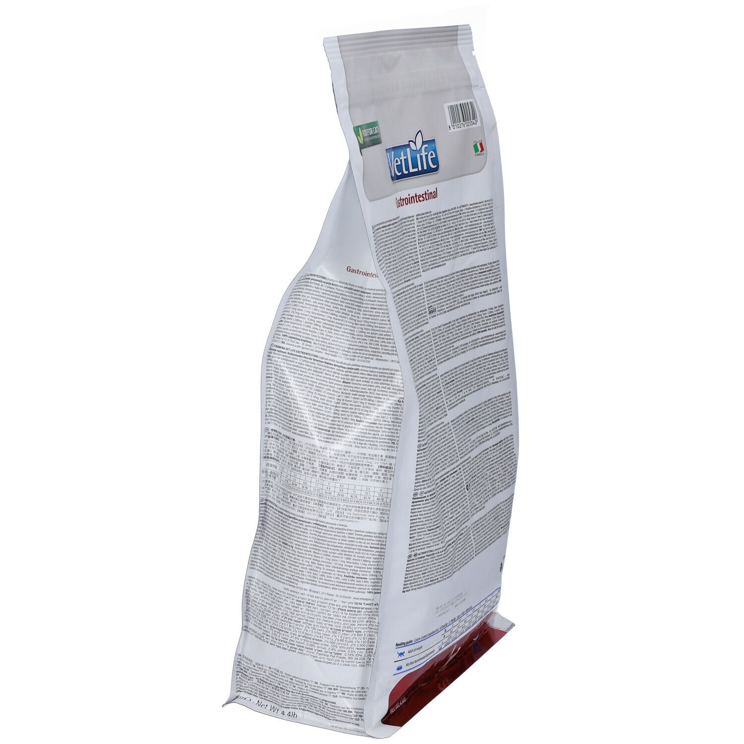 Vista laterale di un sacchetto bianco con testo. Contiene cibo secco per gatti. Marchio: VetLife Gastrointestinal.