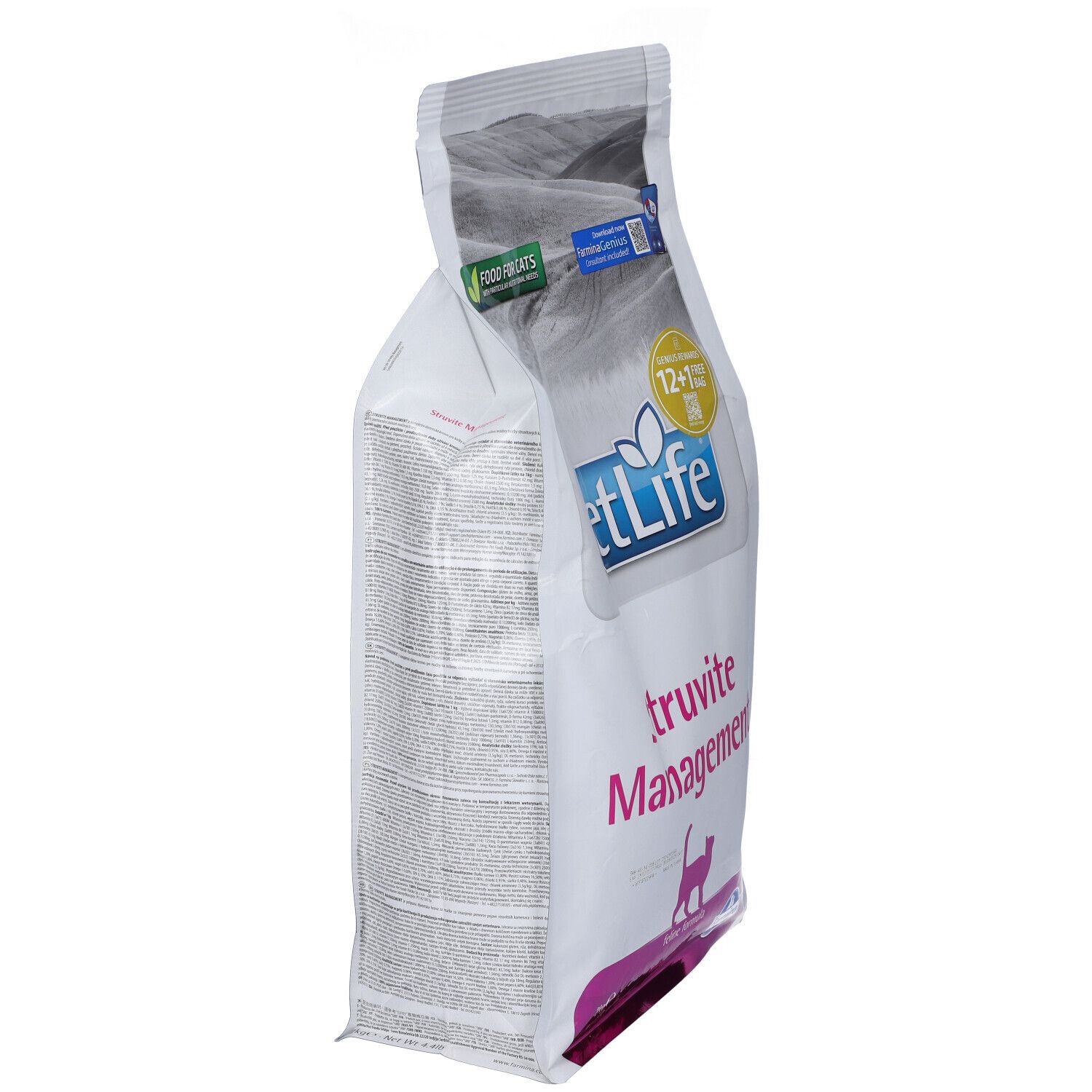 Vista obliqua di un sacchetto bianco con stampa "VetLife Struvite Management". Logo, sagoma di gatto e testo.