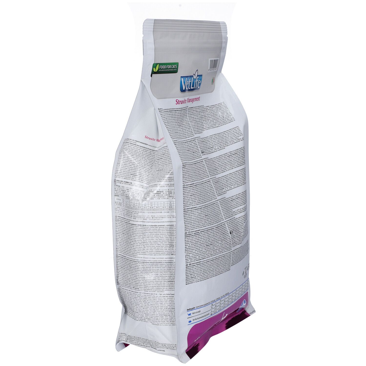 Vista obliqua del retro di un sacchetto bianco con testo. Stampa "VetLife Struvite Management".