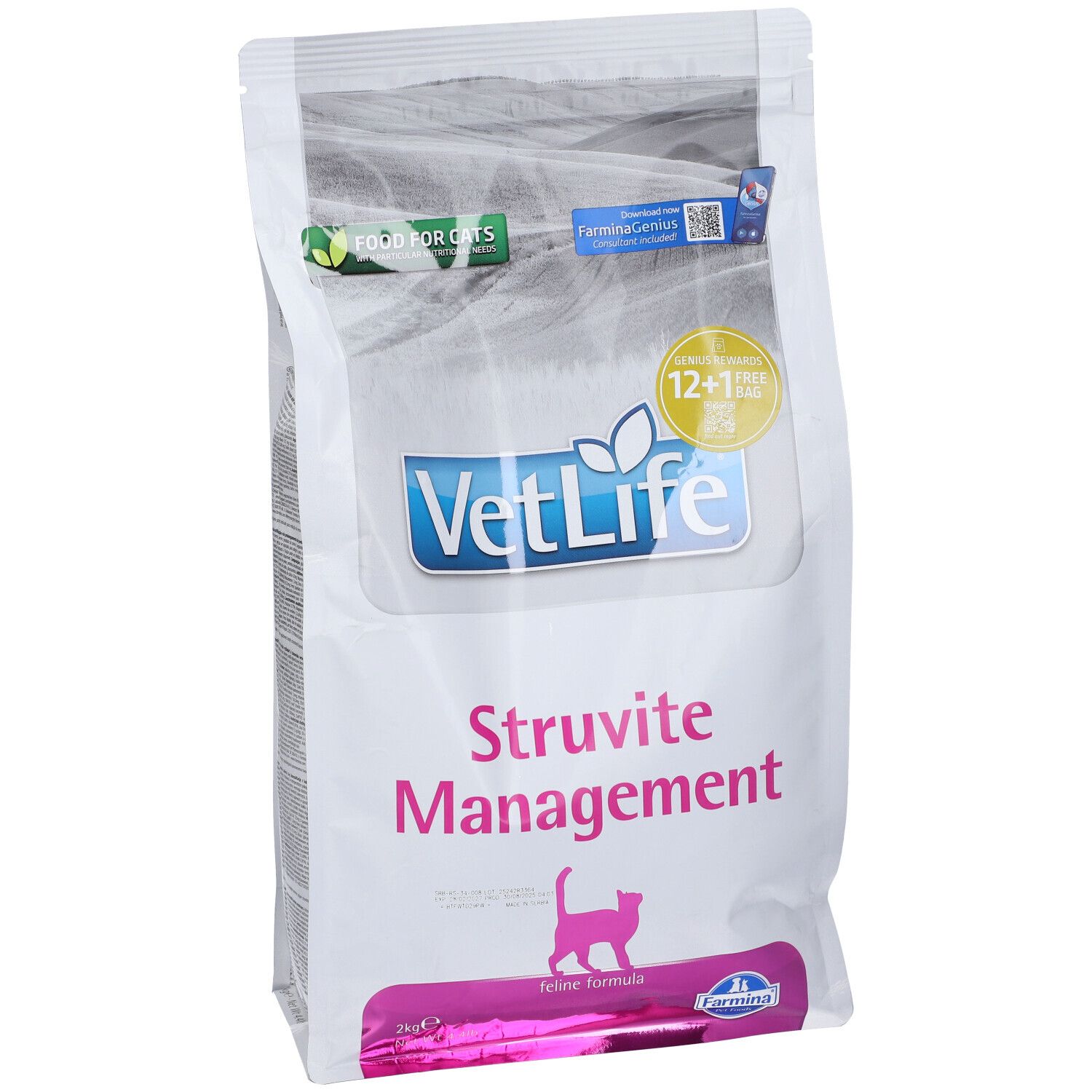 Sacchetto bianco con stampa "VetLife Struvite Management". Logo, sagoma di gatto e testo. Logo "Food for Cats".