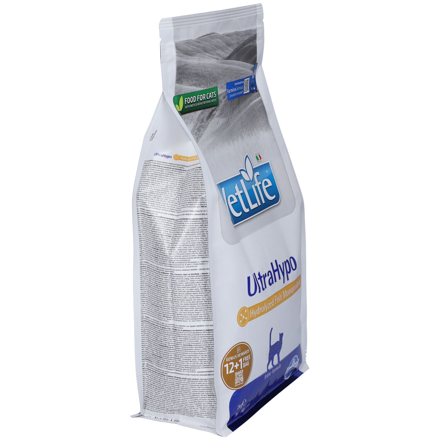 Sacchetto bianco, vista laterale. Nome prodotto VetLife UltraHypo. Testo e logo visibili. Contiene monoproteina di pesce idrolizzata.