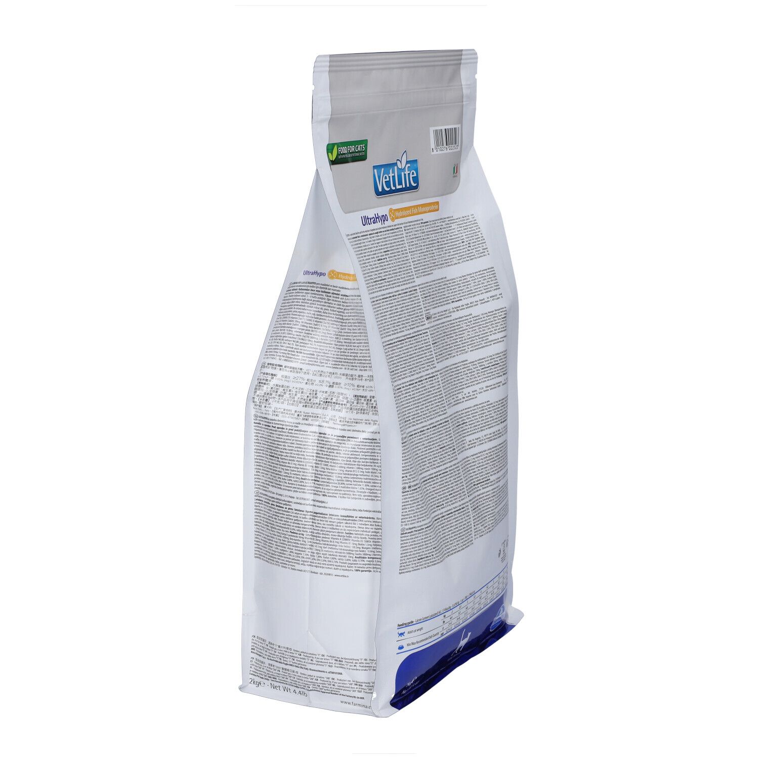 Vista laterale del sacchetto bianco. Nome prodotto VetLife UltraHypo. Testo e logo visibili. Contiene monoproteina di pesce idrolizzata.