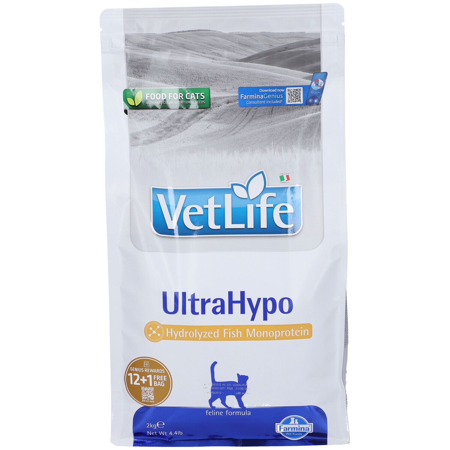 Sacchetto bianco con nome VetLife UltraHypo. Contiene monoproteina di pesce idrolizzata. Logo e sagoma di gatto.