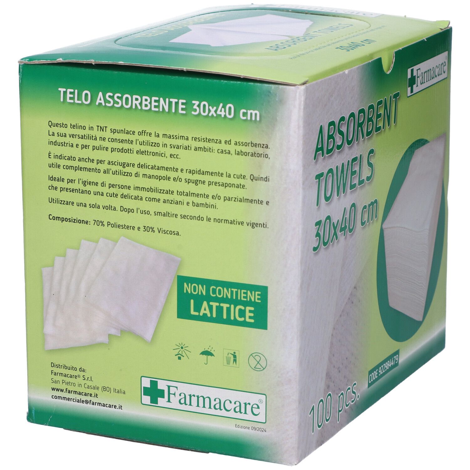 Scatola con 100 asciugamani assorbenti bianchi 30x40 cm. Marchio Farmacare. Scritto: Telo Assorbente, 30x40 cm. Senza lattice.