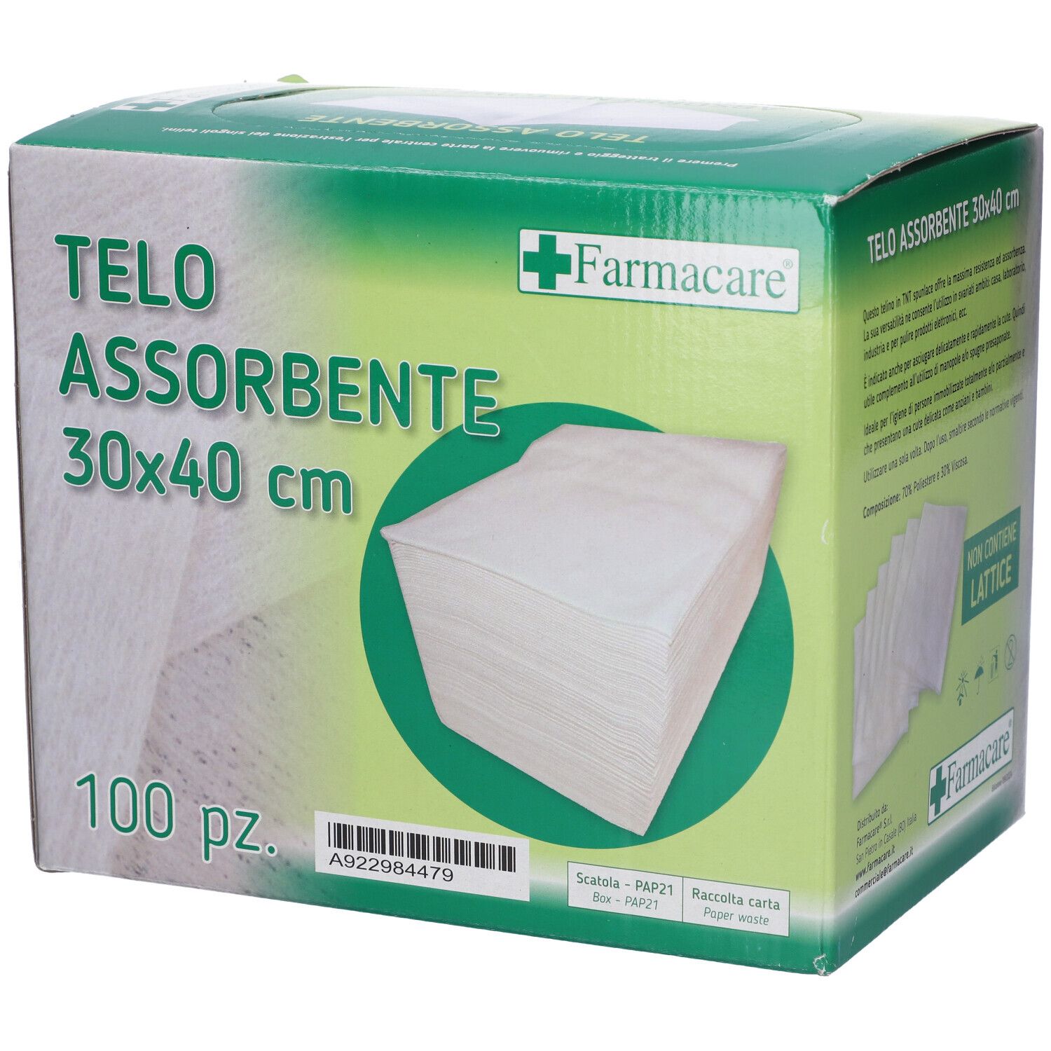 Scatola con 100 asciugamani assorbenti bianchi 30x40 cm. Marchio Farmacare. Scritto: Telo Assorbente, 30x40 cm.