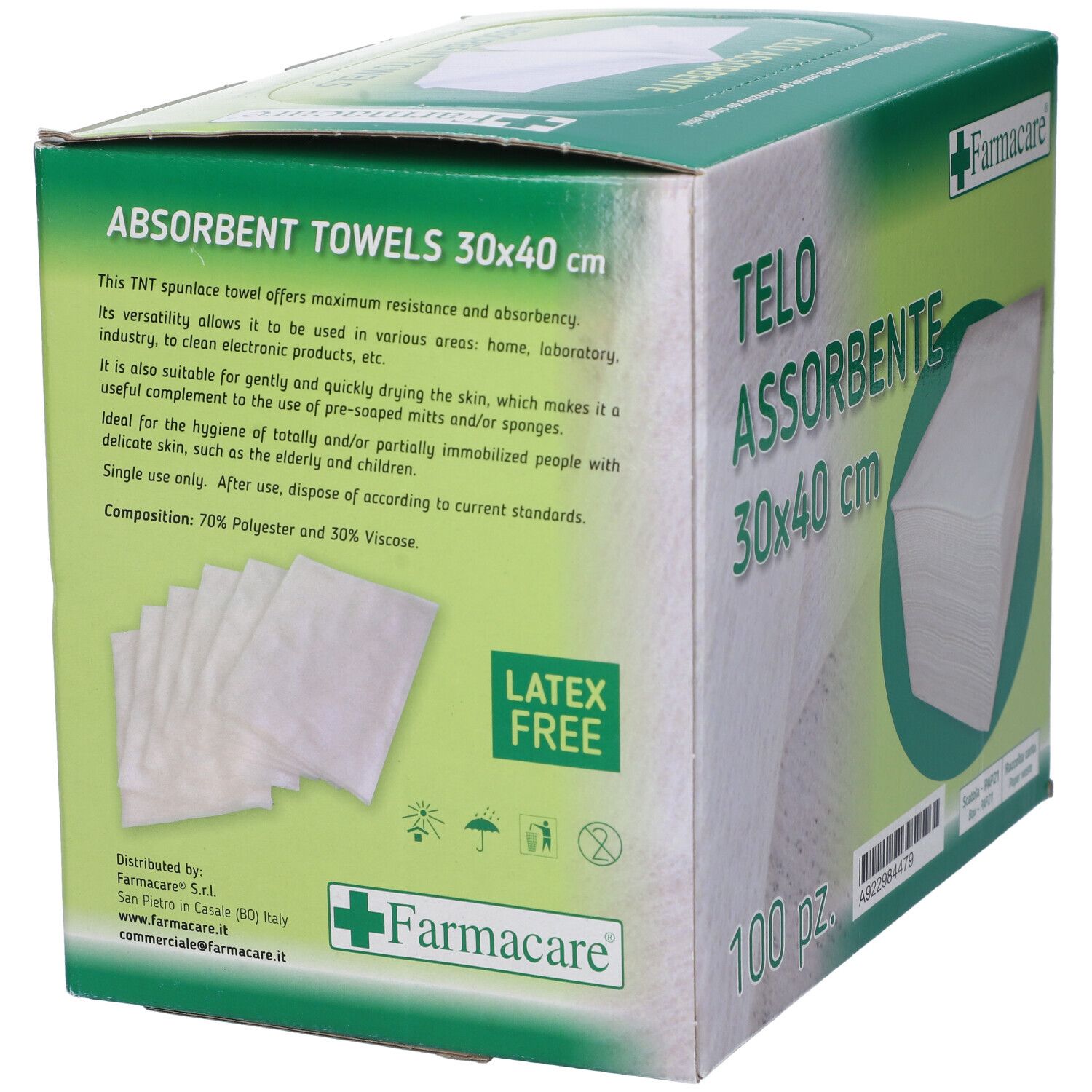Scatola con 100 asciugamani assorbenti bianchi 30x40 cm. Marchio Farmacare. Scritto: ABSOBENT TOWELS, 30x40 cm. Senza lattice.