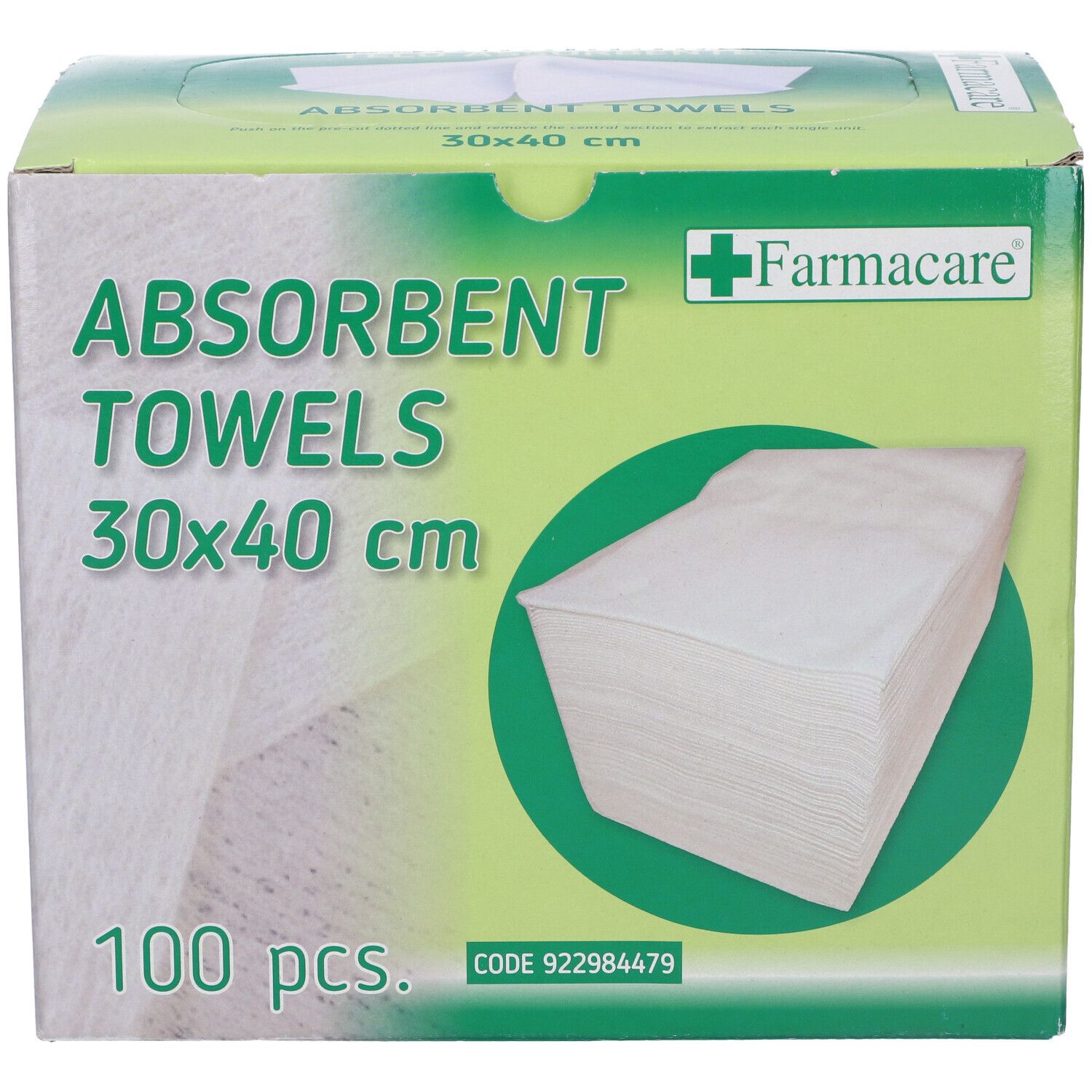 Scatola con 100 asciugamani assorbenti bianchi 30x40 cm. Marchio Farmacare. Scritto: ABSOBENT TOWELS, 30x40 cm.