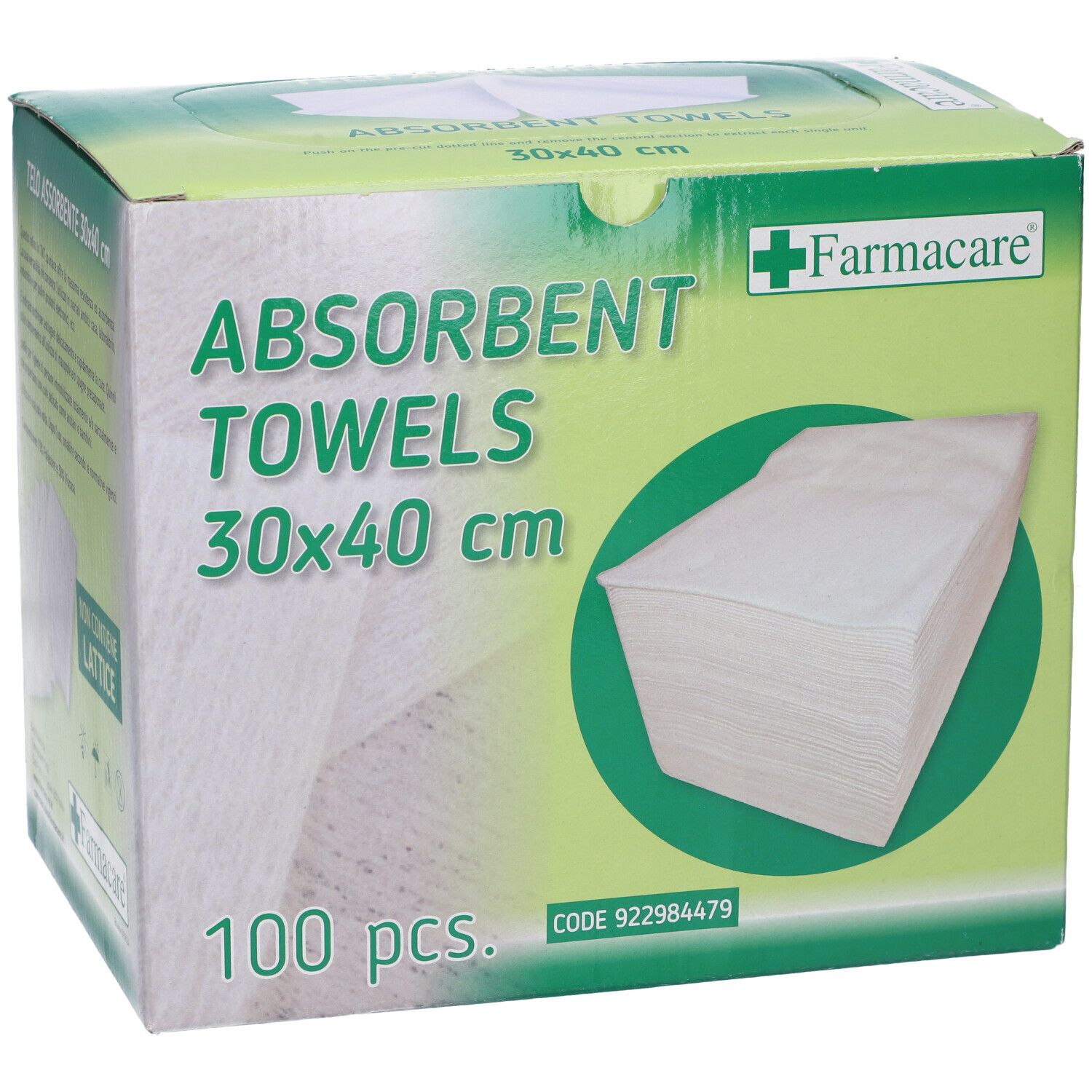 Scatola con 100 asciugamani assorbenti bianchi 30x40 cm. Marchio Farmacare. Scritto: ABSOBENT TOWELS, 30x40 cm.