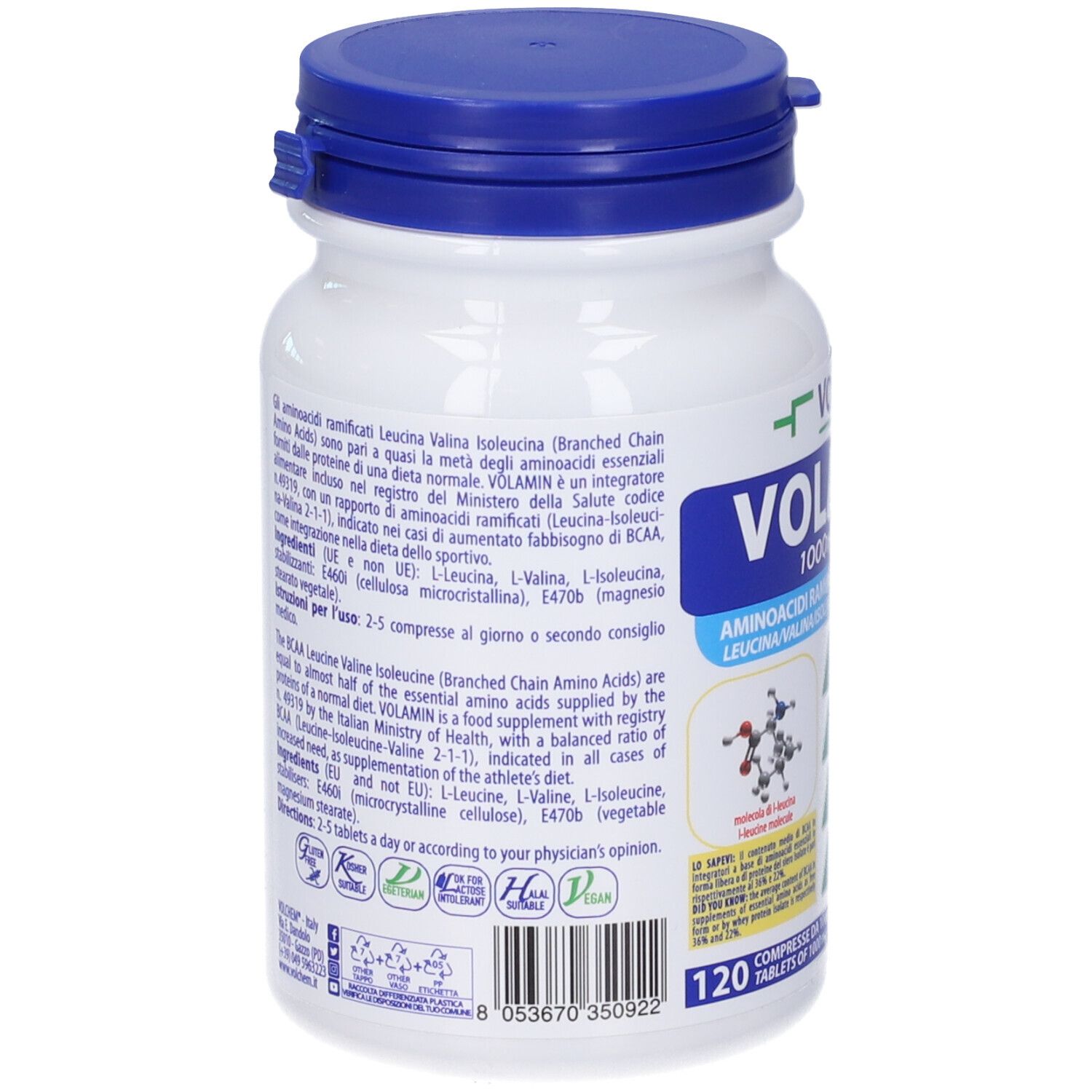 Retro del flacone bianco con tappo blu. Testo su ingredienti e uso. 120 compresse.