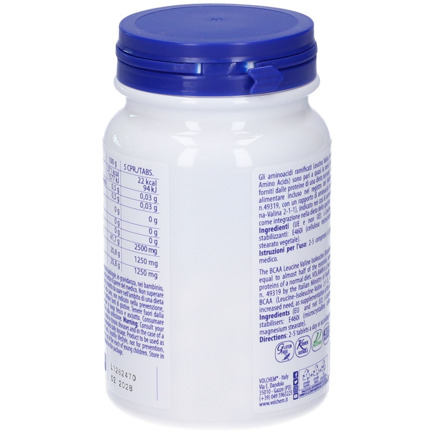 Retro del flacone bianco con tappo blu. Informazioni nutrizionali. 120 compresse. Scadenza 02 2028.