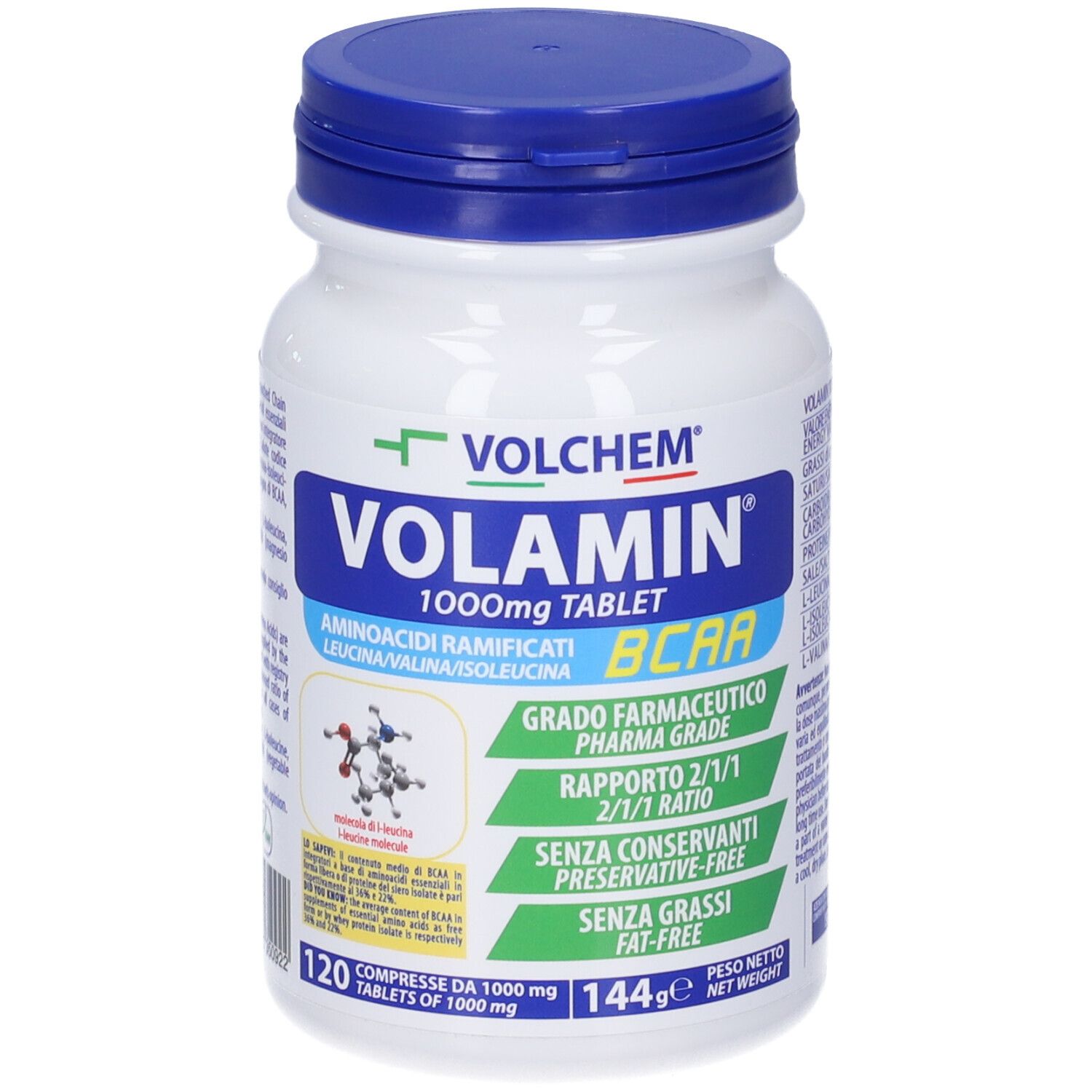 Flacone bianco con tappo blu. Scritta VOLCHEM Volamin 1000mg Tablet BCAA. 120 compresse.