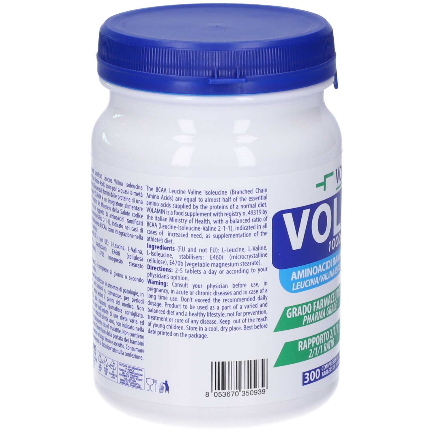 Retro del barattolo bianco con coperchio blu. Informazioni testuali e ingredienti. 300 compresse.