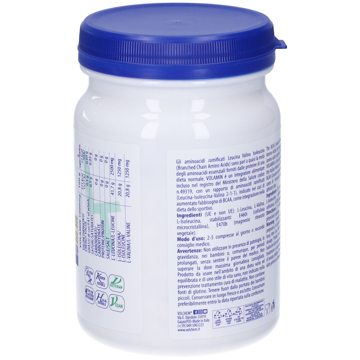 Retro del barattolo bianco con coperchio blu. Informazioni testuali e nutrizionali. Certificazioni.