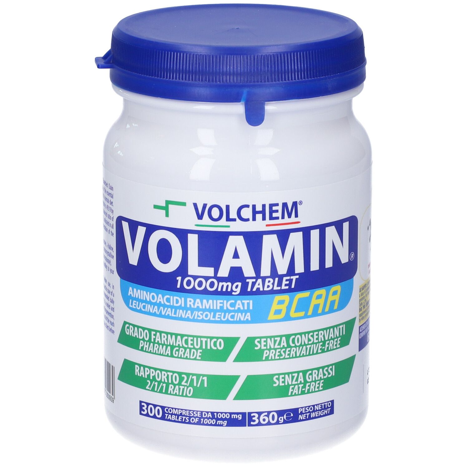 Barattolo bianco con coperchio blu. Scritta: VOLCHEM, VOLAMIN 1000mg TABLET, BCAA. 300 compresse. ISO 12000.