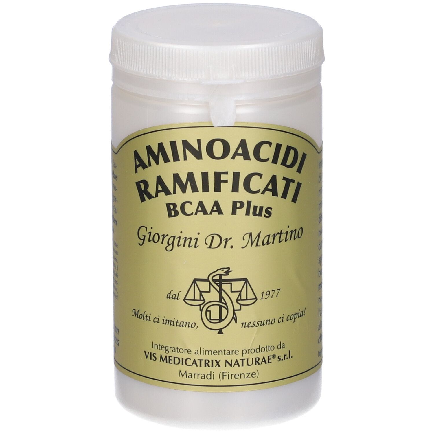 Contenitore bianco con tappo a vite. Scritta: Aminoacidi Ramificati BCAA Plus.