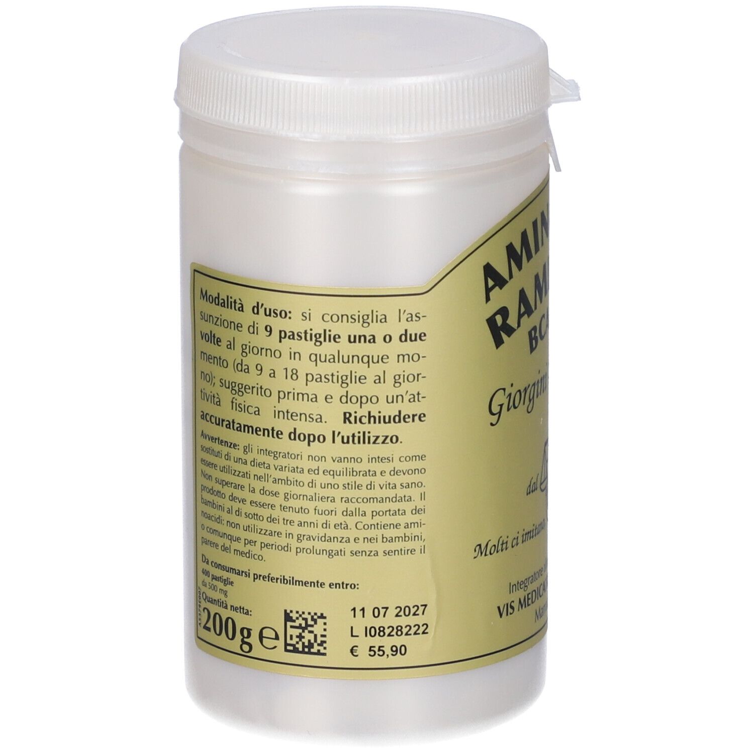 Contenitore bianco con tappo a vite. Scritta: Aminoacidi Ramificati BCAA Plus. Testo sul retro.