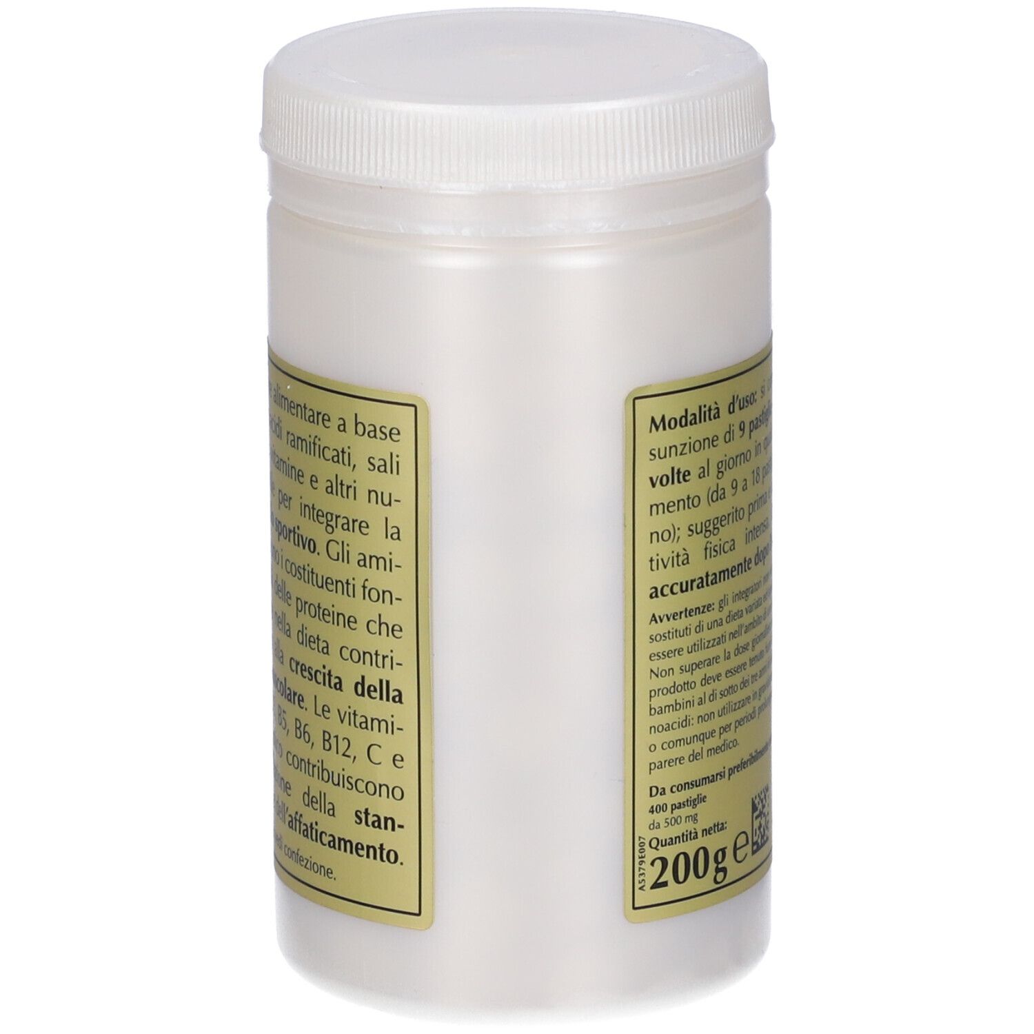 Contenitore bianco con tappo a vite. Scritta: Aminoacidi Ramificati BCAA Plus. Testo sul retro.