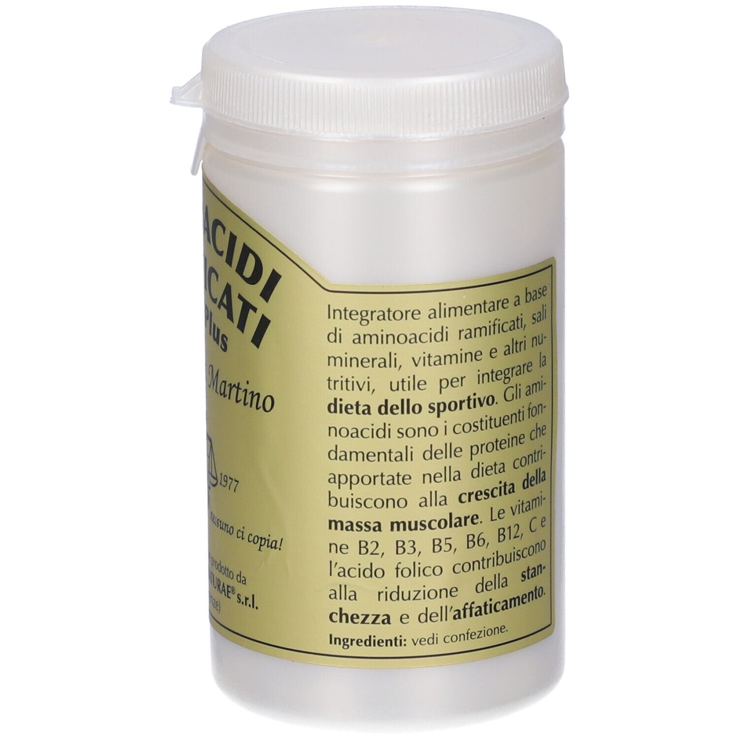 Contenitore bianco con tappo a vite. Scritta: Aminoacidi Ramificati BCAA Plus. Testo.