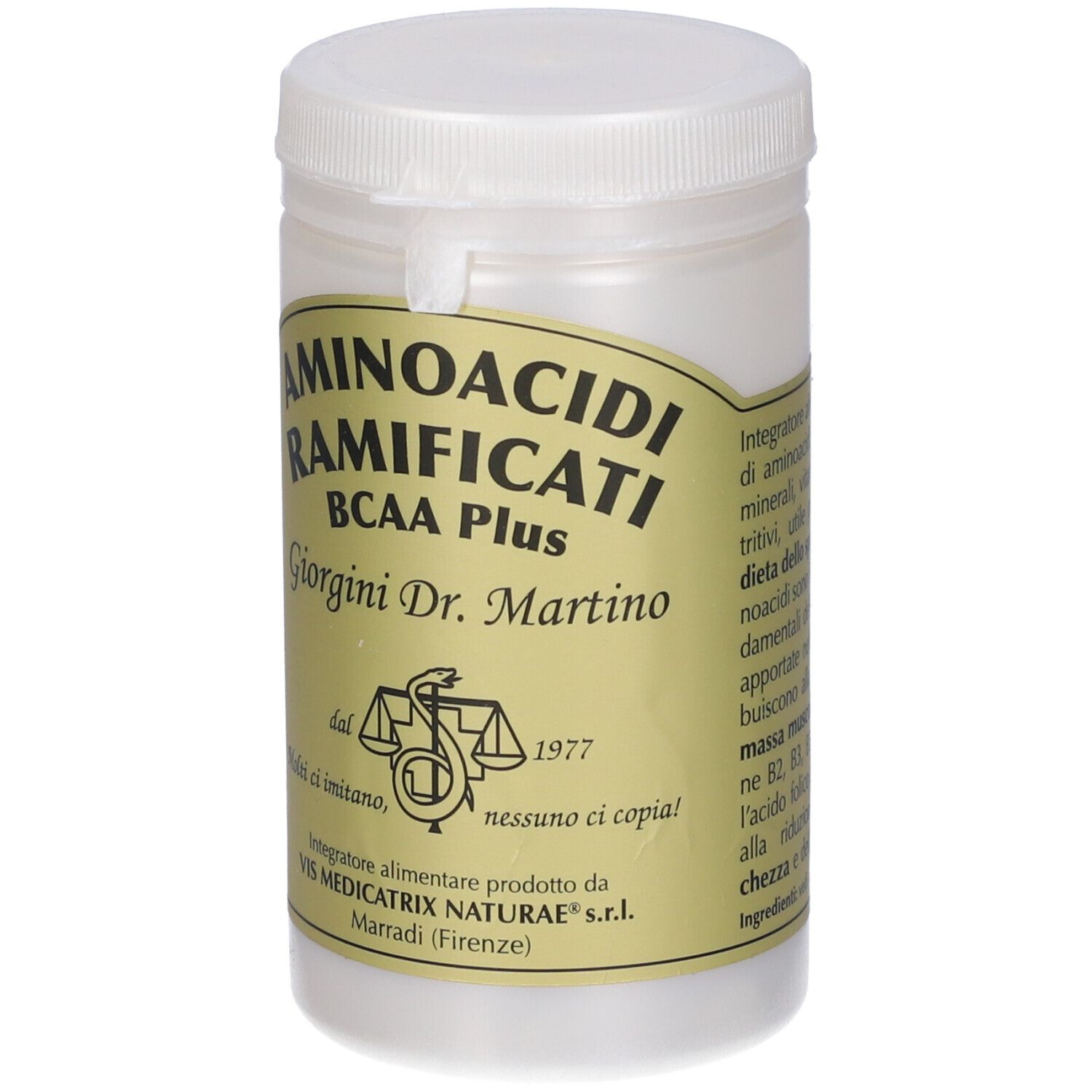 Contenitore bianco con tappo a vite. Scritta: Aminoacidi Ramificati BCAA Plus.