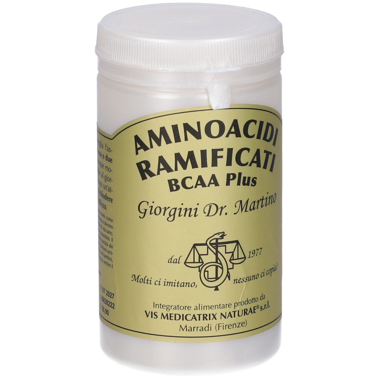 Contenitore bianco con tappo a vite. Scritta: Aminoacidi Ramificati BCAA Plus.