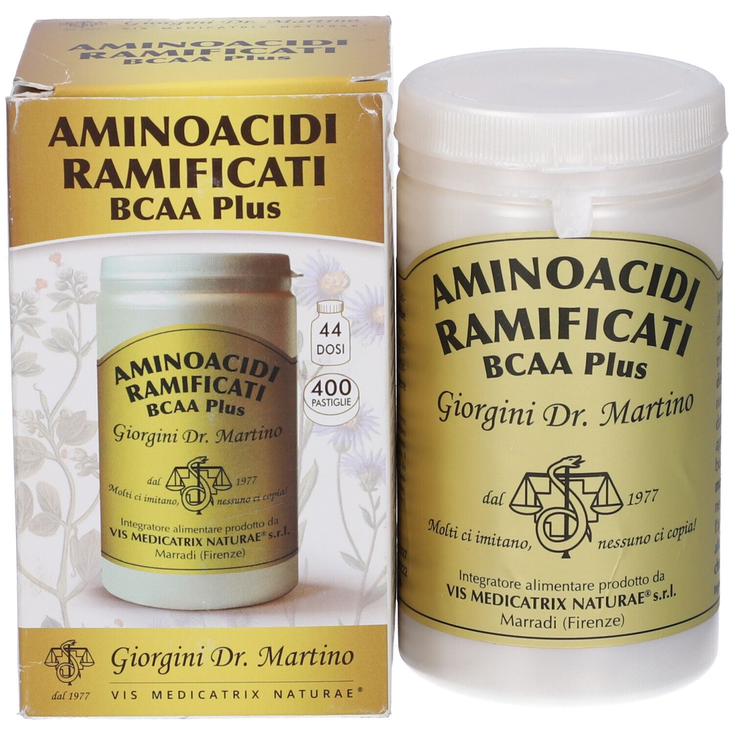 Confezione e barattolo. Scritta: Aminoacidi Ramificati BCAA Plus. 400 Pastiglie.