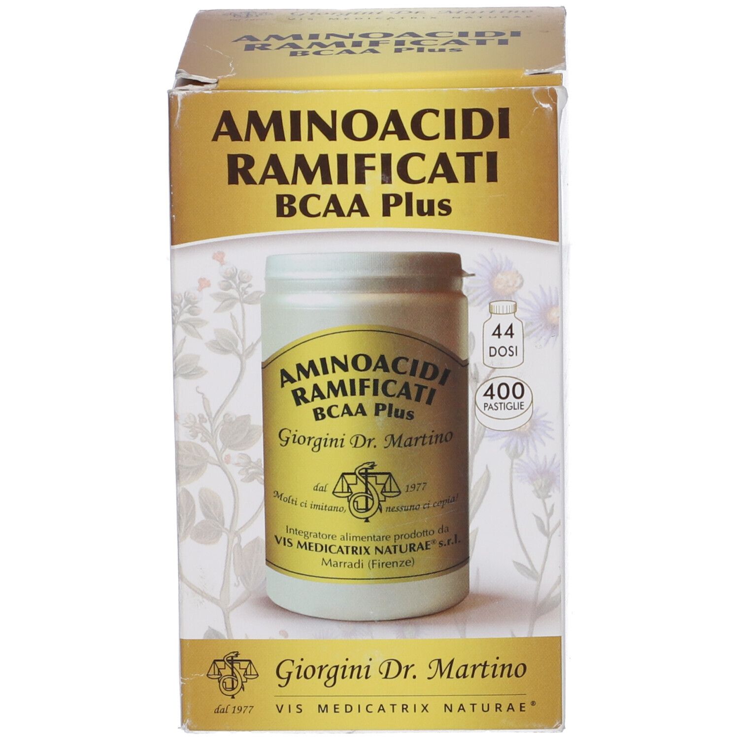 Confezione. Scritta: Aminoacidi Ramificati BCAA Plus. 400 Pastiglie.
