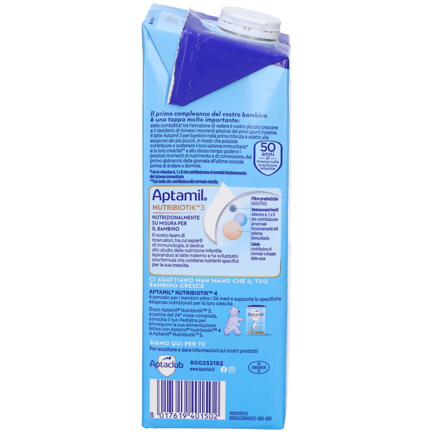 Retro della confezione Aptamil. Testo sui benefici del prodotto. Contiene informazioni sugli ingredienti.