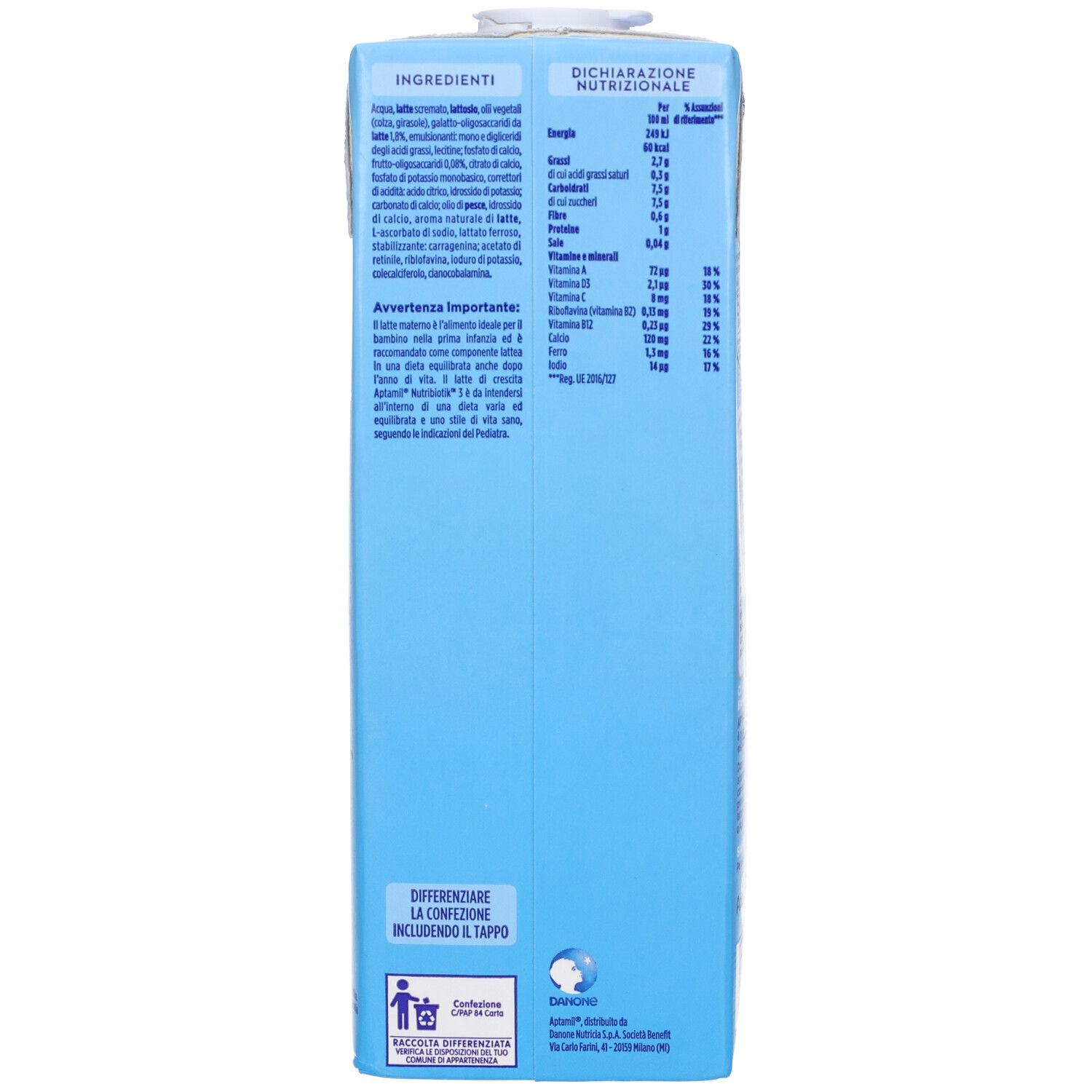 Retro della confezione Aptamil. Contiene elenco ingredienti e informazioni nutrizionali. Sfondo azzurro.