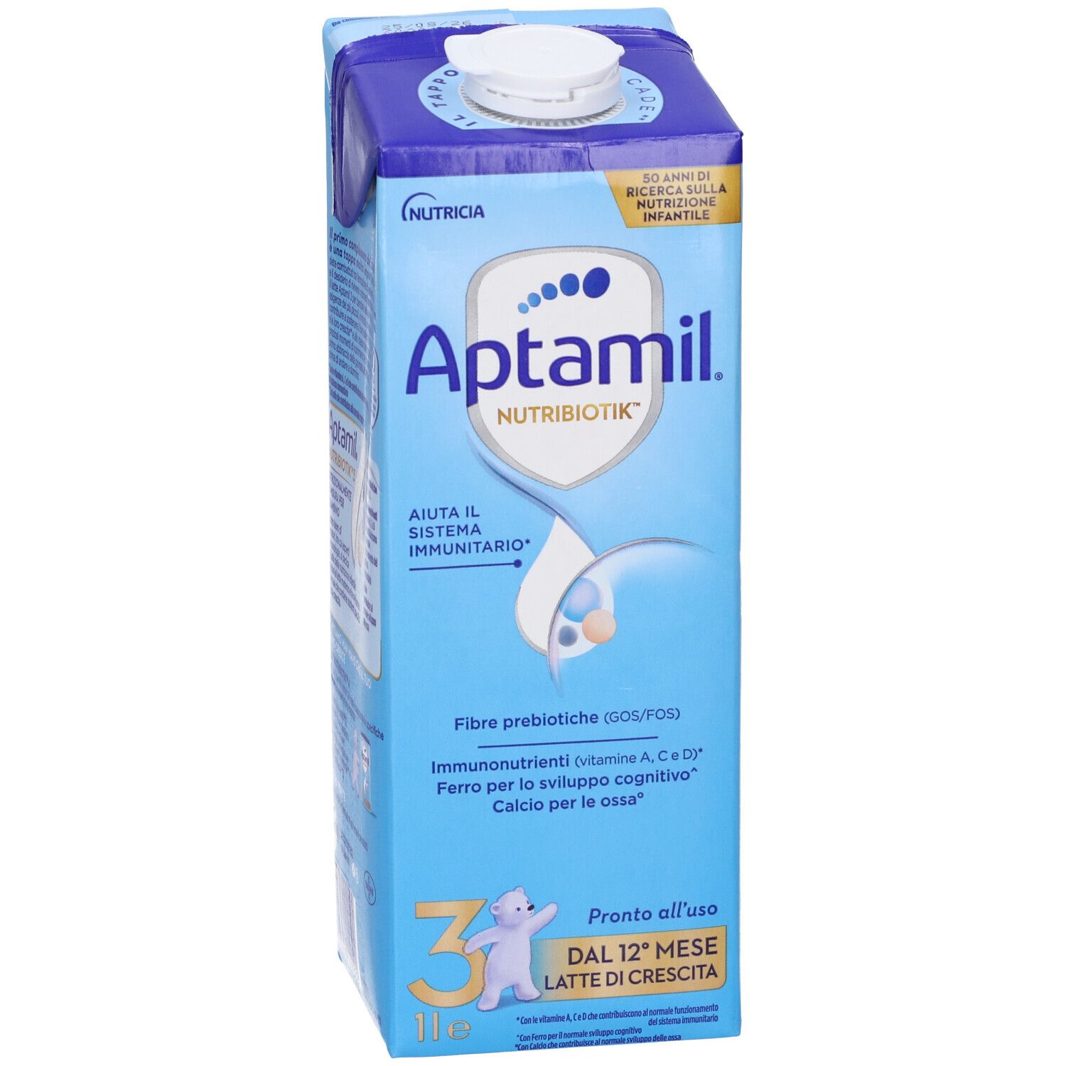 Confezione in cartone blu e bianca Aptamil. Contiene latte per bambini dai 12 mesi. Con tappo a vite.