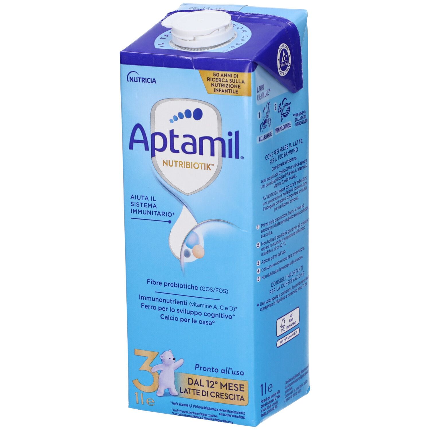 Confezione in cartone blu e bianca Aptamil. Contiene latte per bambini dai 12 mesi. Con tappo a vite.