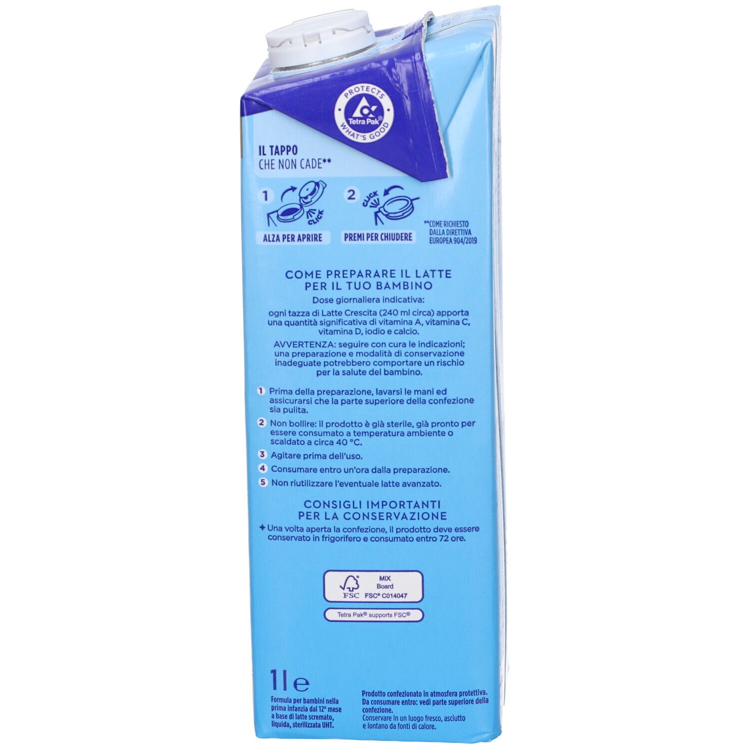 Retro della confezione Aptamil. Contiene istruzioni per la preparazione e informazioni importanti. Sfondo azzurro.