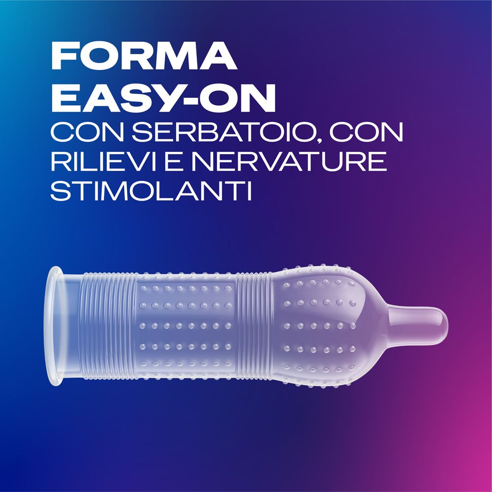 Preservativo con serbatoio, rilievi e nervature stimolanti, forma Easy-On.