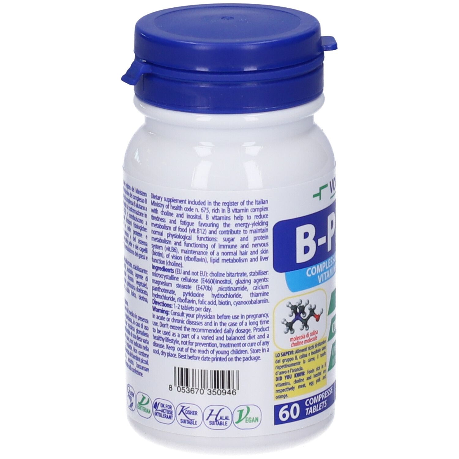 Retro del flacone bianco con tappo blu. Testo: B-PLUS, complesso di vitamina B. Contiene 60 compresse. Etichette con ingredienti.