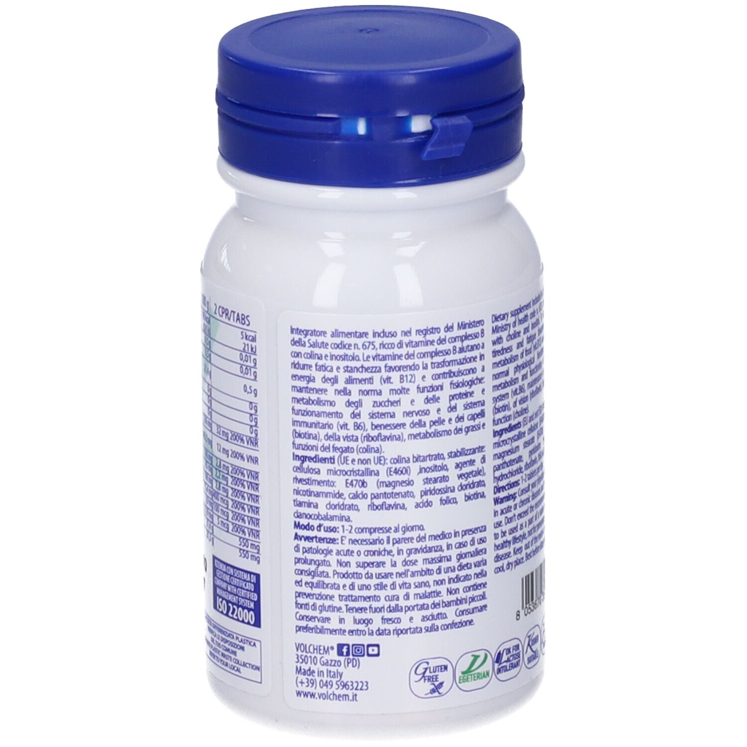 Retro del flacone bianco con tappo blu. Testo: B-PLUS, complesso di vitamina B. Etichette con informazioni nutrizionali e ingredienti.