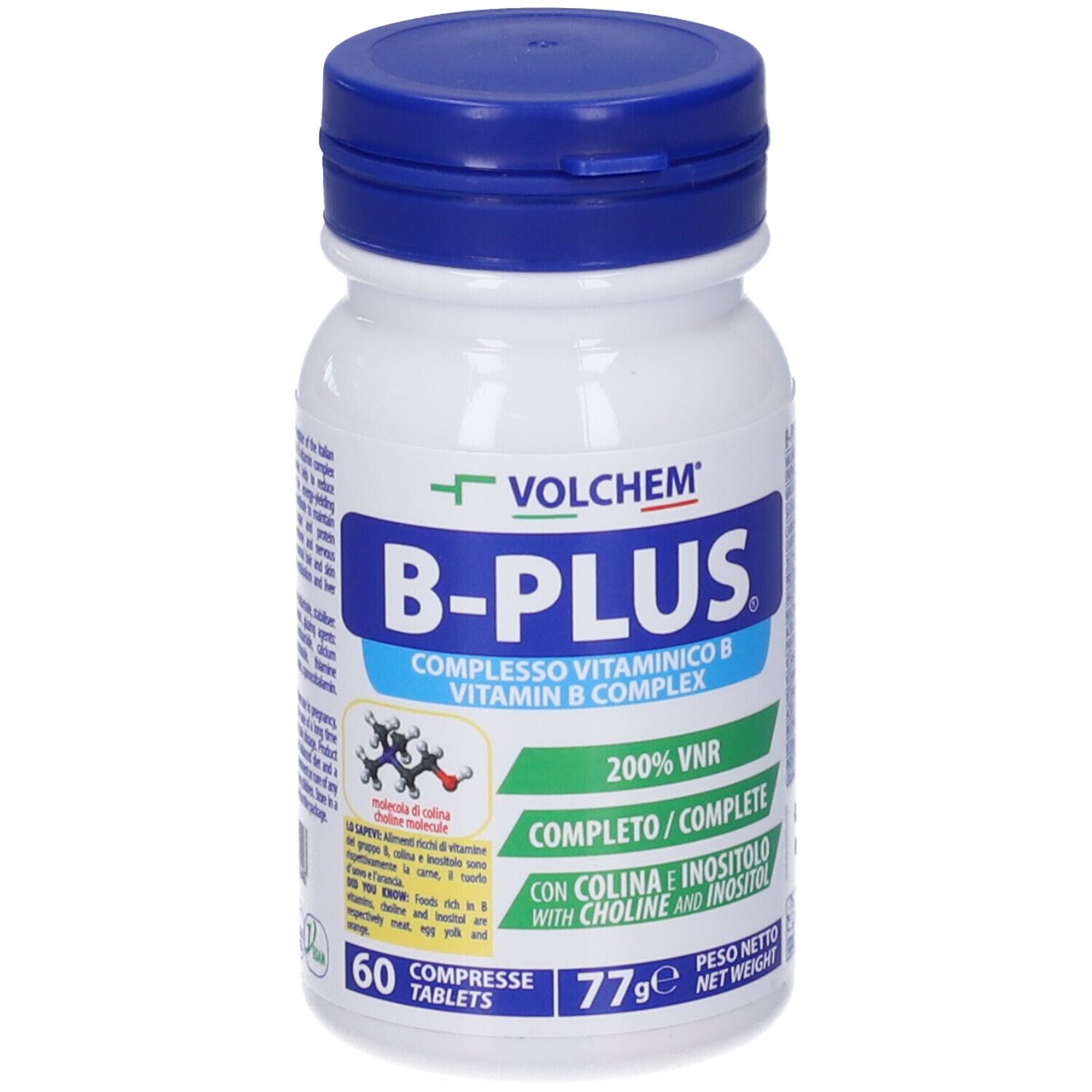 Flacone bianco con tappo blu. Scritta: B-PLUS, complesso di vitamina B. Contiene 60 compresse. Etichette verdi e bianche.