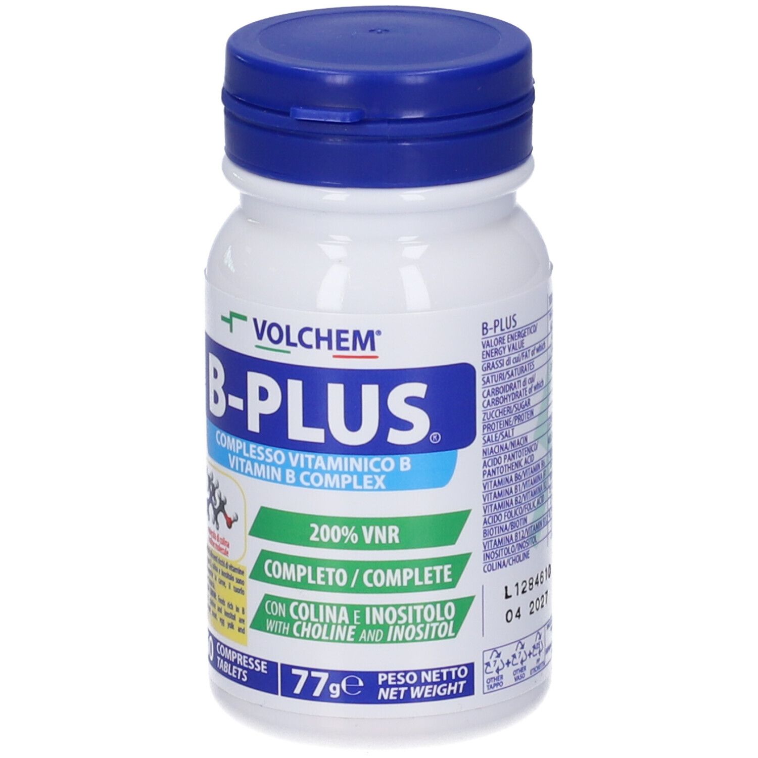 Flacone bianco con tappo blu. Scritta: B-PLUS, complesso di vitamina B. Contiene 60 compresse. Etichette verdi e bianche. Data di scadenza.