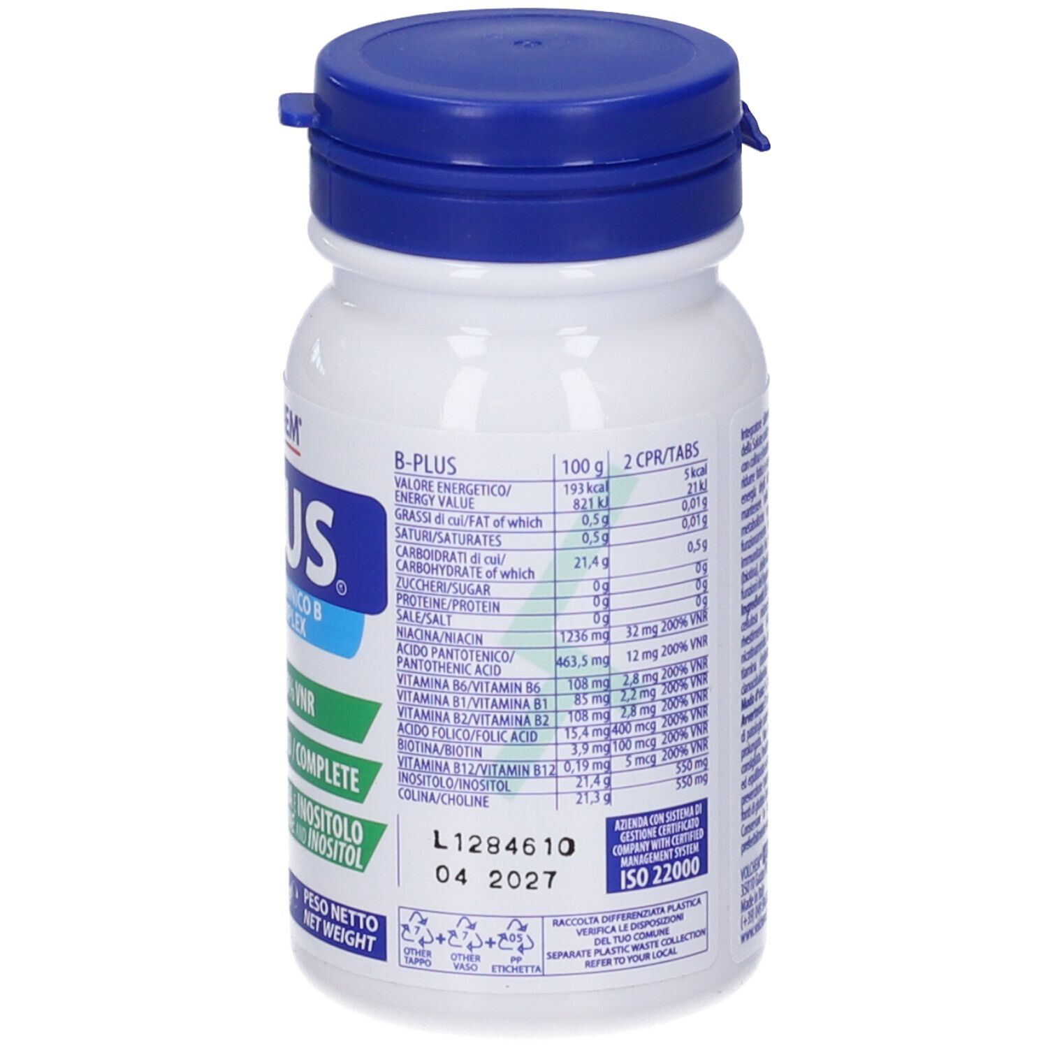 Retro del flacone bianco con tappo blu. Testo: B-PLUS, complesso di vitamina B. Etichette con informazioni nutrizionali e ingredienti. ISO 22000.